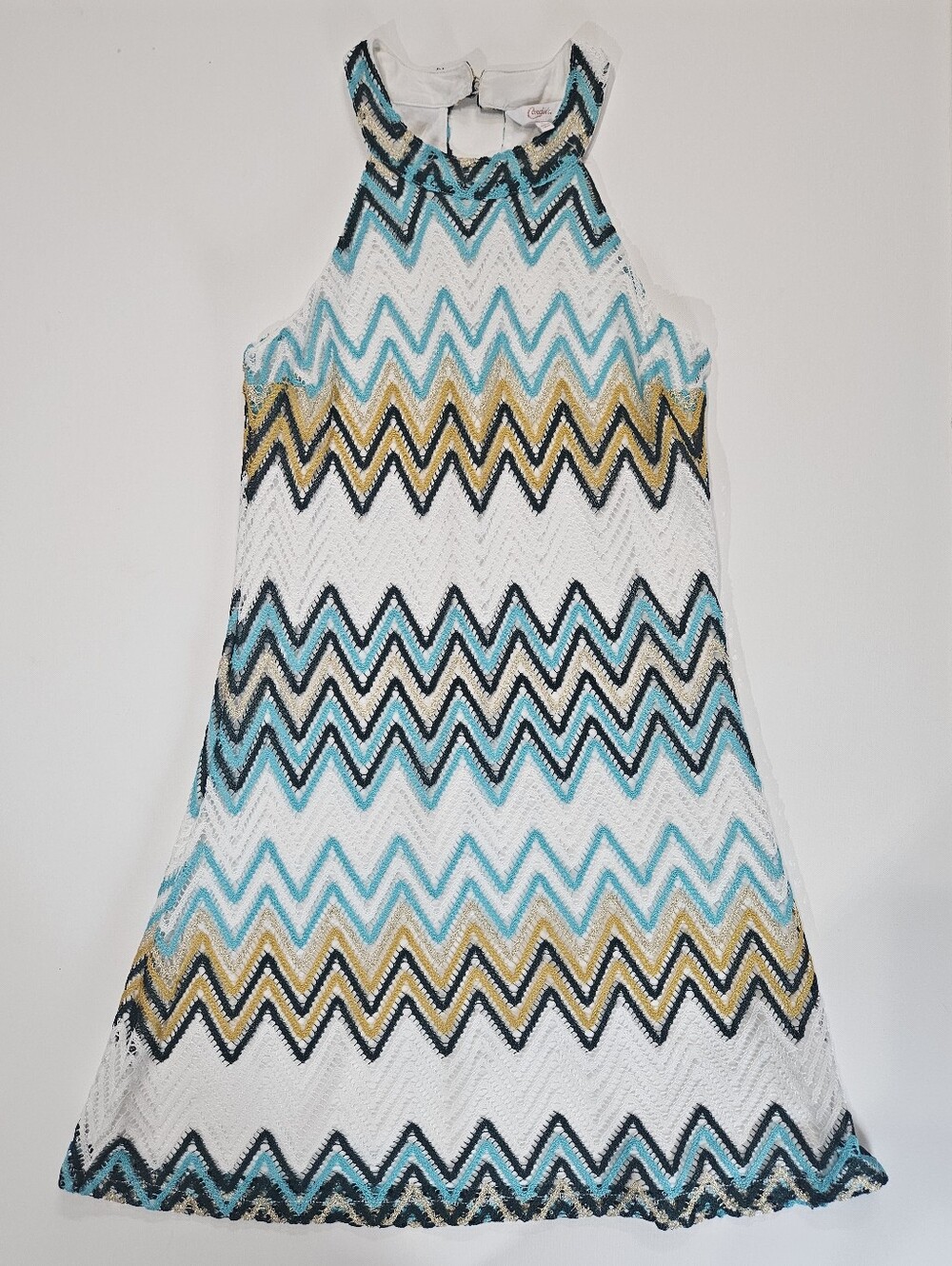 Candies Fit Flare Dress Juniors Small White Teal Gold Chevron Halter Neck